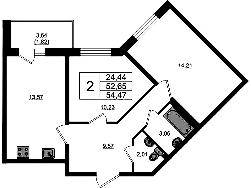 2-комнатная квартира 54.47 м², 13/17 эт., ЖК «Стороны Света 2»